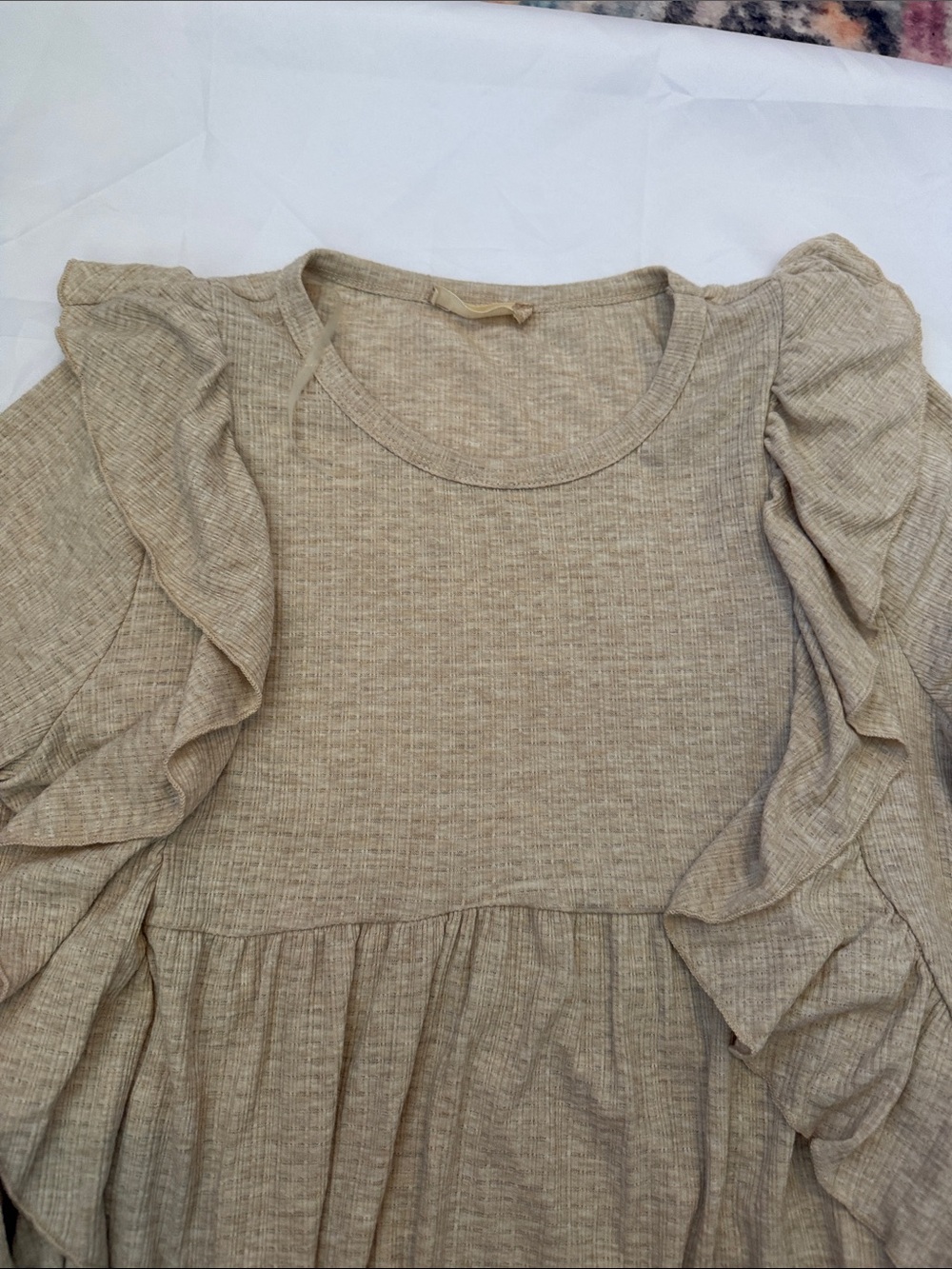 Altar'd State Light Beige Ribbed Ruffled Knit Top Tunic - Picture 3 of 4